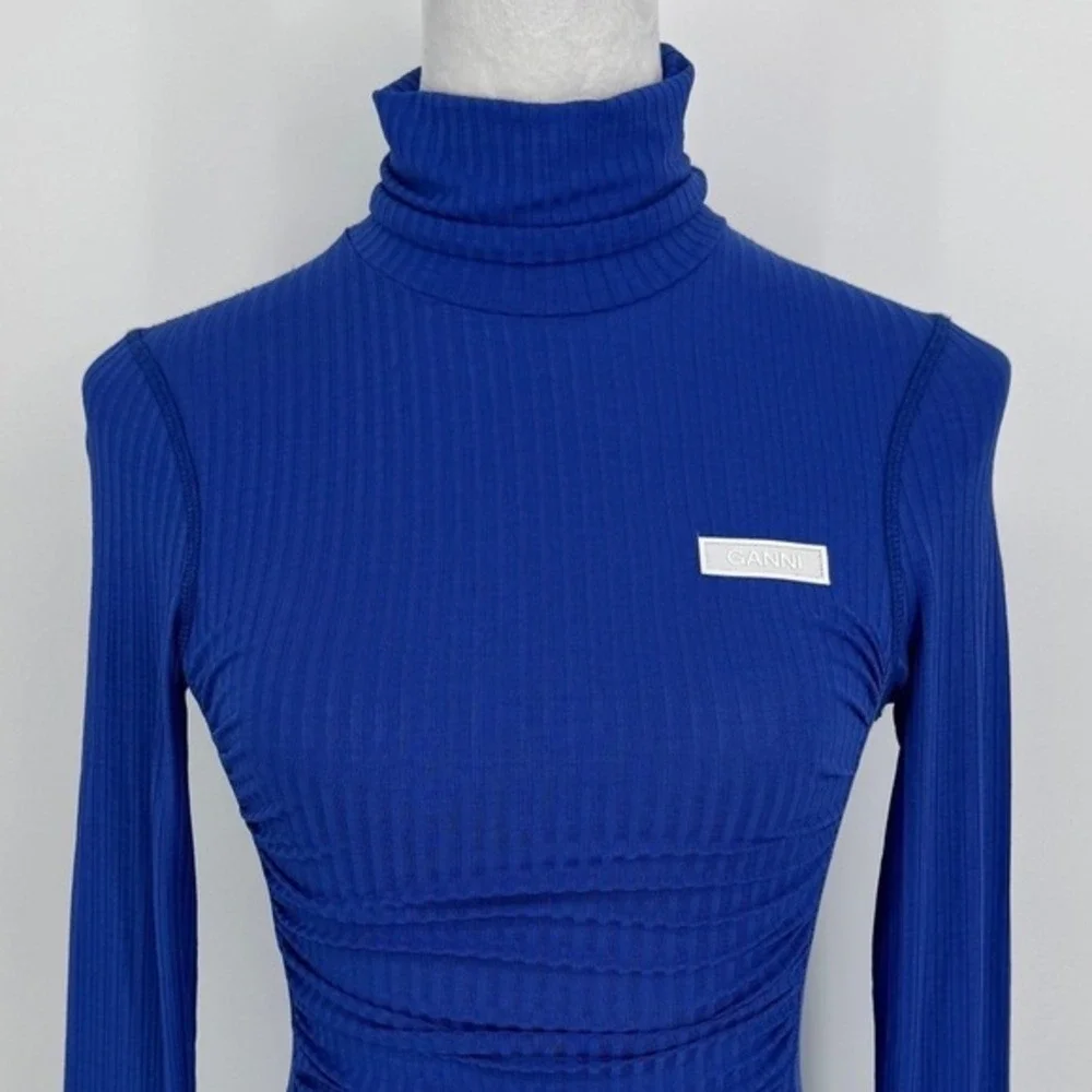 GANNI Ribbed Knit Two Piece Set Size Small Blue‎ Turtleneck Top Stirrup Leggings